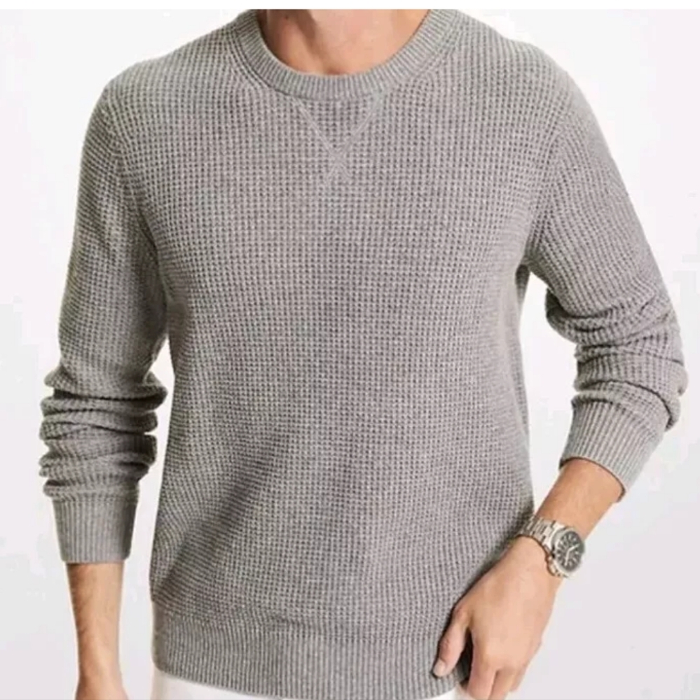 Michael Kors Waffle Knit Thermal Top Men Large Gray Crewneck Preppy Ski Travel - Picture 8 of 8